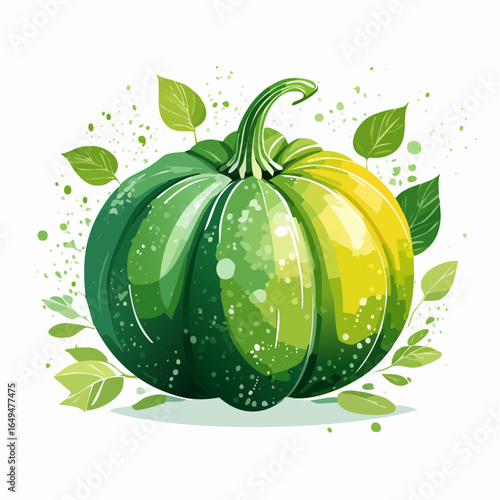 Green and Yellow Pumpkin with Leaves Illustration
