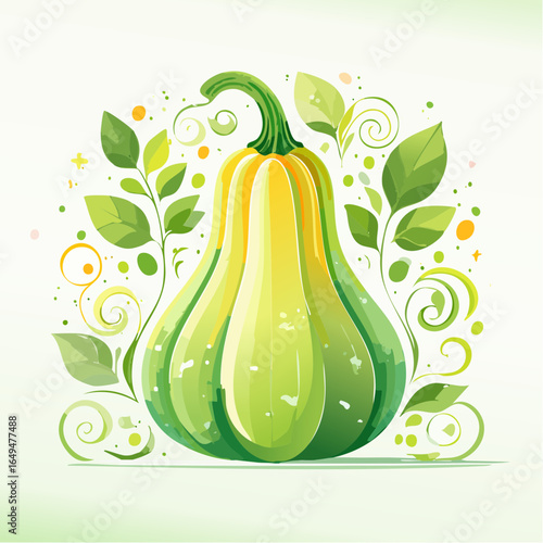 Green and Yellow Pumpkin with Whimsical Floral Design