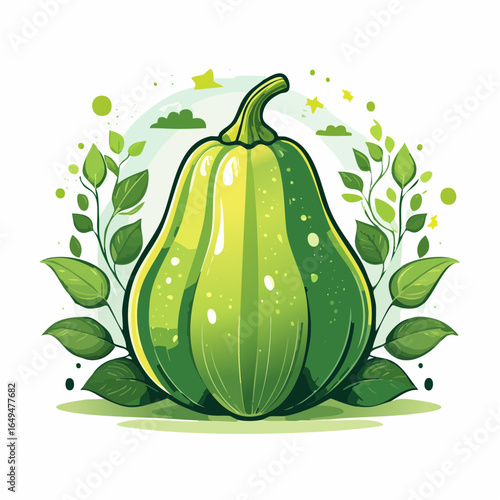 Green Pumpkin Illustration with Leaves