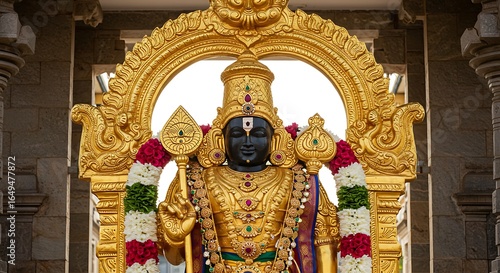 Ornate golden statue of Lord Venkateswara, adorned with garlands, enshrined within a temple arch.
