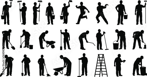 Silhouette, construction, workers, teamwork, labor, tools, painting, shoveling, carrying, vector, illustration, black, white, working, tasks, wheelbarrow, jobsite, industrial, effort, coordination
