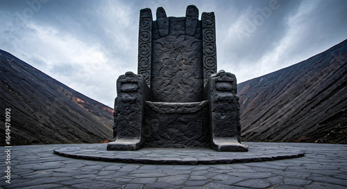 This monumental stone throne stands majestically between desolate volcanic peaks beneath a dramatic sky. Perfect for fantasy landscapes or symbolic power imagery.