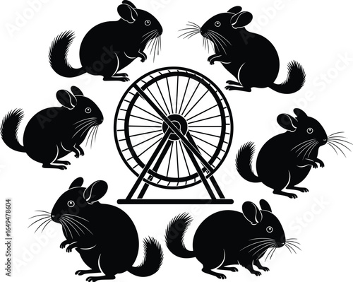 Silhouette chinchillas, hamster wheel, pet care, rodent exercise, animal behavior, wildlife illustration, cute pets, black white design, small mammals, chinchilla art, pet activity