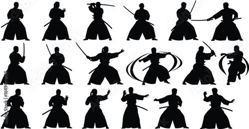 Martial arts silhouette, sword fighting poses, traditional Japanese clothing, dynamic movement, warrior stances, combat illustration, black figures, design elements
