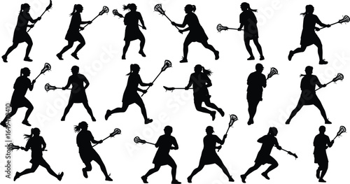 Lacrosse players in action, dynamic silhouettes, team competition, sports photography, high-resolution image, athletic performance, teamwork, game intensity, Adobe Stock