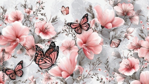 Delicate pink magnolia blossoms and butterflies on a gray background