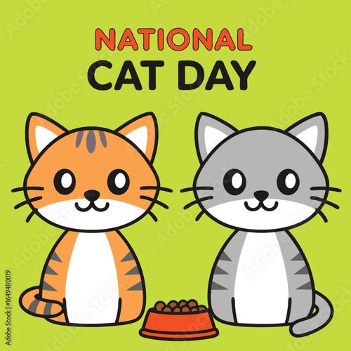 National Cat Day with Two Cute Cartoon Cats and Food Bowl feline pets