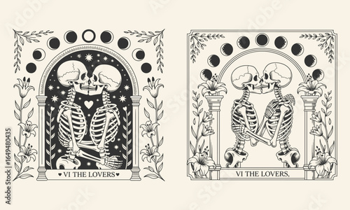 Halloween Skeleton Lovers SVG, Valentine couple skeletons design, Halloween Fall Skeleton lovers design. Skull shirt Design, Vintage Gothic Skeleton Tarot Cards Series.