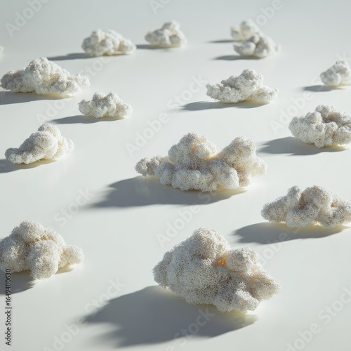White, sculpted cloud shapes scattered across a white surface