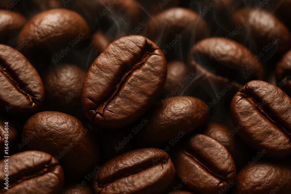 Naklejka premium Close-up of roasted coffee beans, rich in color, emitting steam, highlighting their texture and aroma.