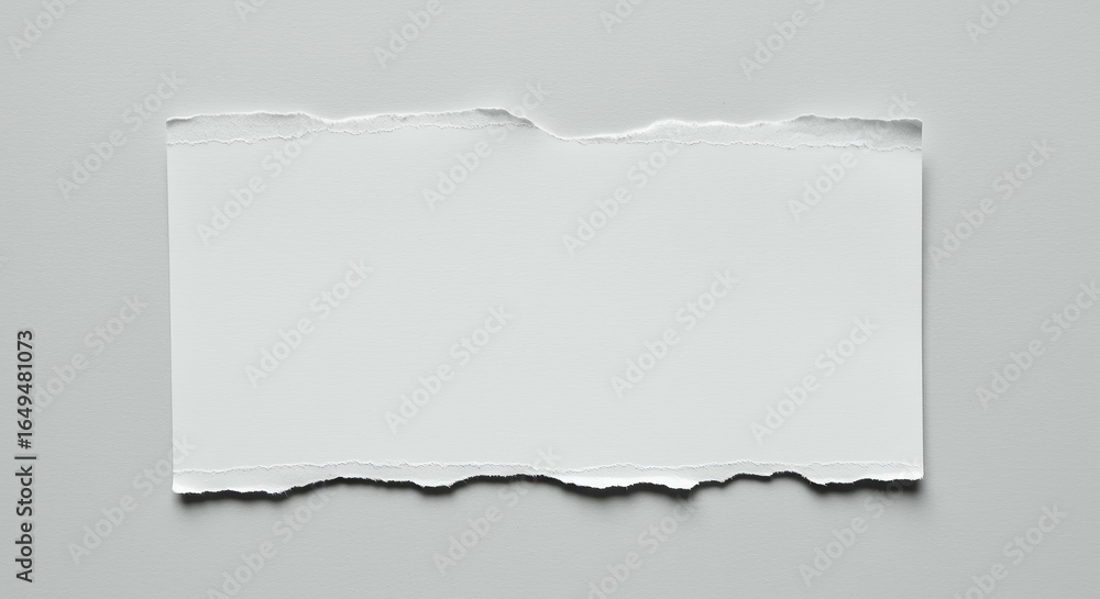 Fototapeta premium Horizontal white torn paper rectangle with rough edges on neutral gray surface, blank template for text messages and creative design projects