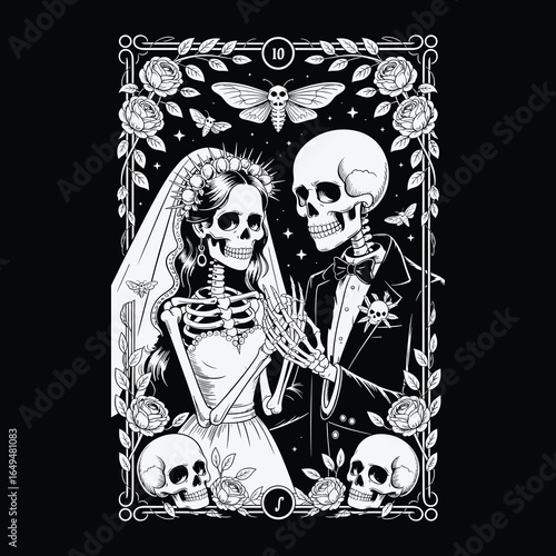 Halloween Skeleton Lovers SVG, Valentine couple skeletons design, Halloween Fall Skeleton lovers design. Skull shirt Design, Vintage Gothic Skeleton Tarot Cards Series.