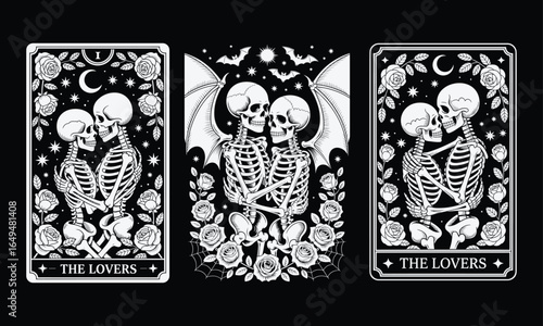 Halloween Skeleton Lovers SVG, Valentine couple skeletons design, Halloween Fall Skeleton lovers design. Skull shirt Design, Vintage Gothic Skeleton Tarot Cards Series.