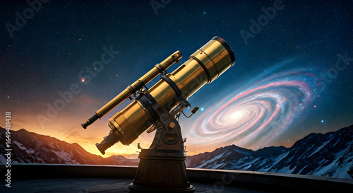 A majestic golden telescope points skyward on a mountain peak at dusk revealing a brilliant spiral galaxy and a vast star-filled cosmos perfect for astronomical and scientific education or inspiring w