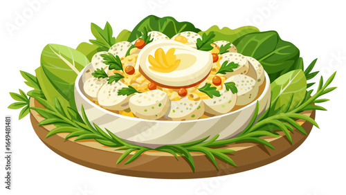 Delicious egg salad served with fresh lettuce, garnished with herbs and spices, creating delightful and healthy meal option white  background 