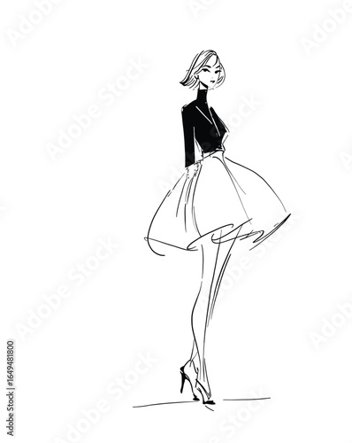 Stylish hand-drawn fashion sketch of a woman wearing a short flared dress and high heels. Perfect for fashion design, illustration, and creative projects