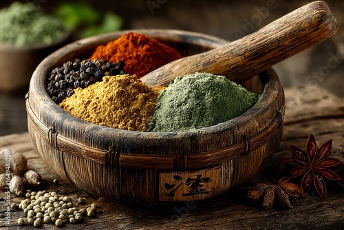 Fototapeta Naklejka Na Ścianę i Meble -  Traditional spice grinding in bamboo mortar high resolution picture