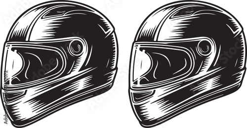 Two black and white illustrations of motorcycle racing helmets side by side sport safety