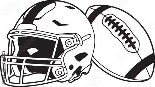 Black and white illustration of an American football helmet and ball sport