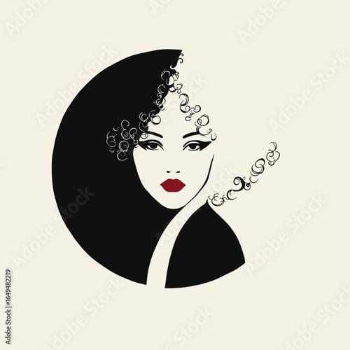 Stylish vector illustration of a woman’s face framed by voluminous curly hair, with striking red lips and elegant black-and-beige color scheme. Perfect for beauty and fashion themes