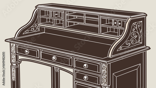 Illustration of a brown antique rolltop desk with drawers and shelves and decorative details