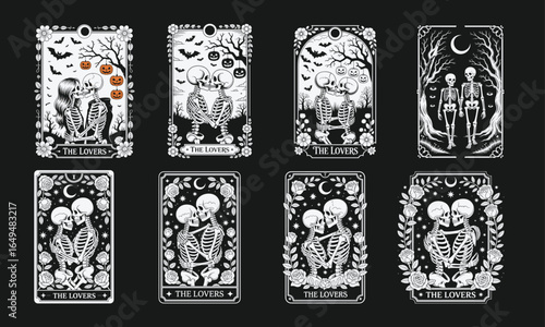 Halloween Skeleton Lovers SVG, Valentine couple skeletons design, Halloween Fall Skeleton lovers design. Skull shirt Design, Vintage Gothic Skeleton Tarot Cards Series.