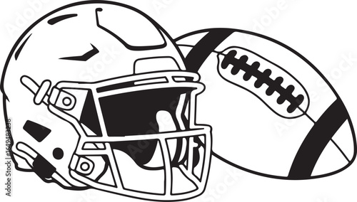 Black and White Line Drawing of American Football Helmet and Ball sports