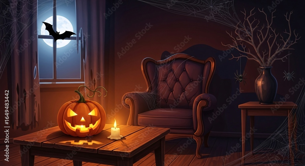 Obraz premium Spooky Halloween night with glowing jack-o-lantern, bat, and cobwebs creates eerie festive atmosphere