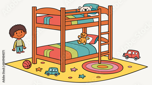 Illustration of a child's bedroom with a bunk bed toys and a rug on a yellow floor space