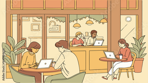 Vector illustration of people working on laptops in a cozy coffee shop. Modern coworking space with freelancers, remote work, and café atmosphere.