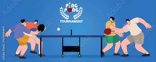 Table tennis doubles tournament poster, four people playing ping pong, professional competition, sport activity, hobby, fitness, sports club, design, team sport.