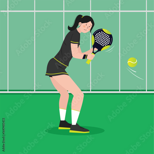 A female padel player in sportswear preparing to smash the ball during an intense match. Professional padel tennis action shot, outdoor court, dynamic movement, and competitive sports concept