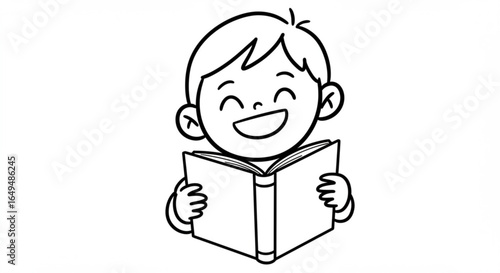 Happy boy reading a book, isolated on white background