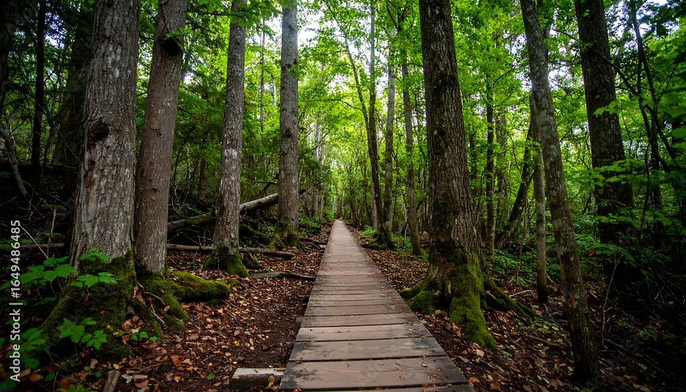 Obraz premium Wooden walkway through a lush forest.