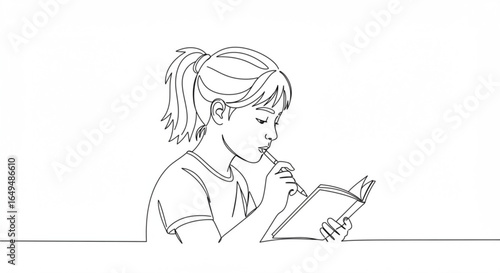Young girl reading a book and writing with a pen, isolated on white background