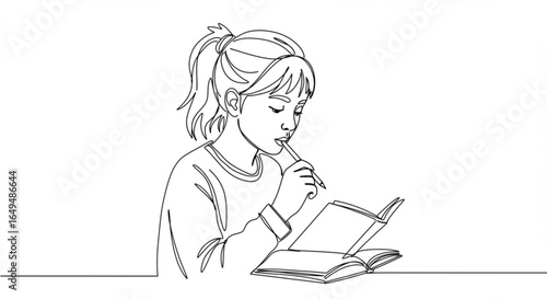 Young girl reading a book and thinking, isolated on white background
