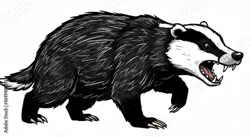 Aggressive badger with open mouth and snarling teeth, isolated on white background