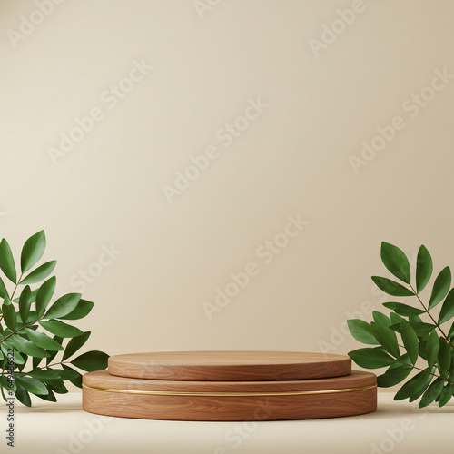 A wooden cylinder podium with small green leaves against a simple beige background. This clean and minimalist scene is perfect for showcasing a single natural or organic product.