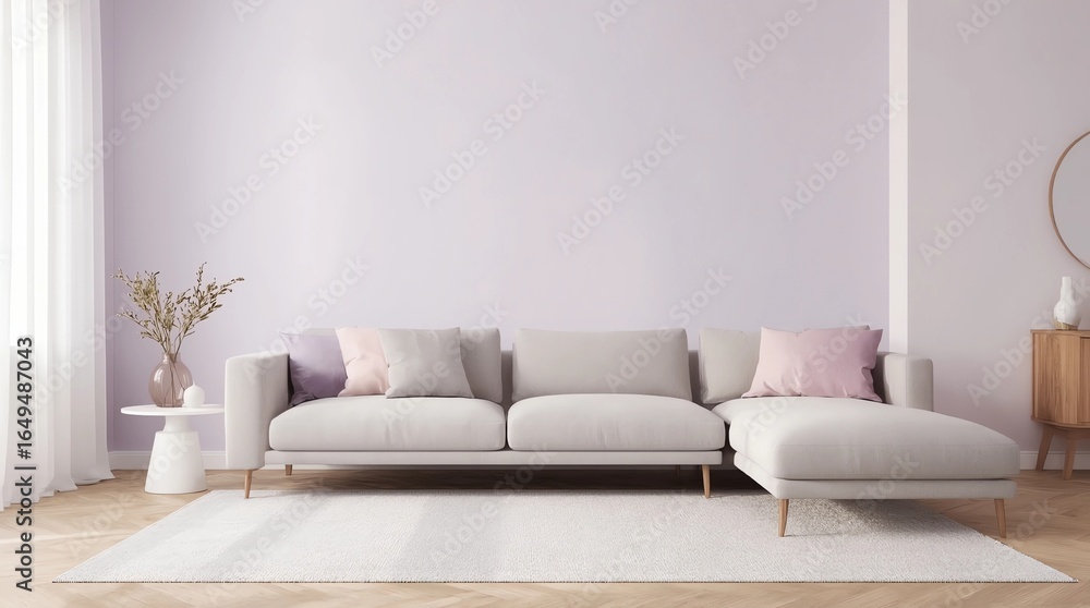 Fototapeta premium Modern sofa on light pink wall background with trendy home accessories, home decor interior, luxury living room 