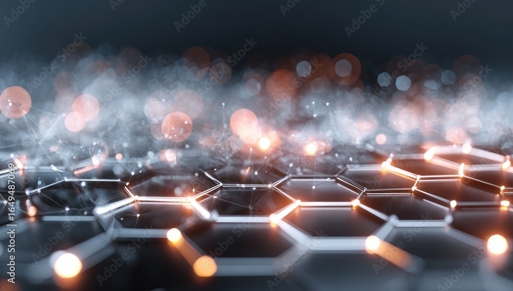 Obraz premium Abstract honeycomb grid, glowing lines, and light bokeh. Misty, tech background