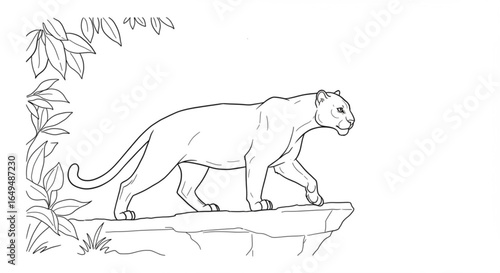 Line drawing of a panther walking on a rock ledge with foliage