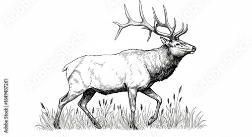 Majestic elk with large antlers walking through tall grass