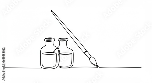 Continuous line drawing of paint bottles and brush isolated on white background