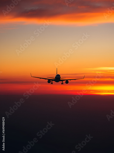 Airplane crossing a glowing orange horizon as twilight begins to settle in