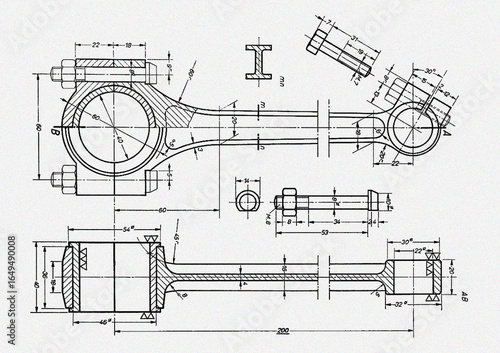 Piston and connecting rod of motorcycle, car engine.
Engineering mechanical drawing. Technical machine
computer cad scheme. 
Technology mechanic design with dimension line 
on white paper sheet.