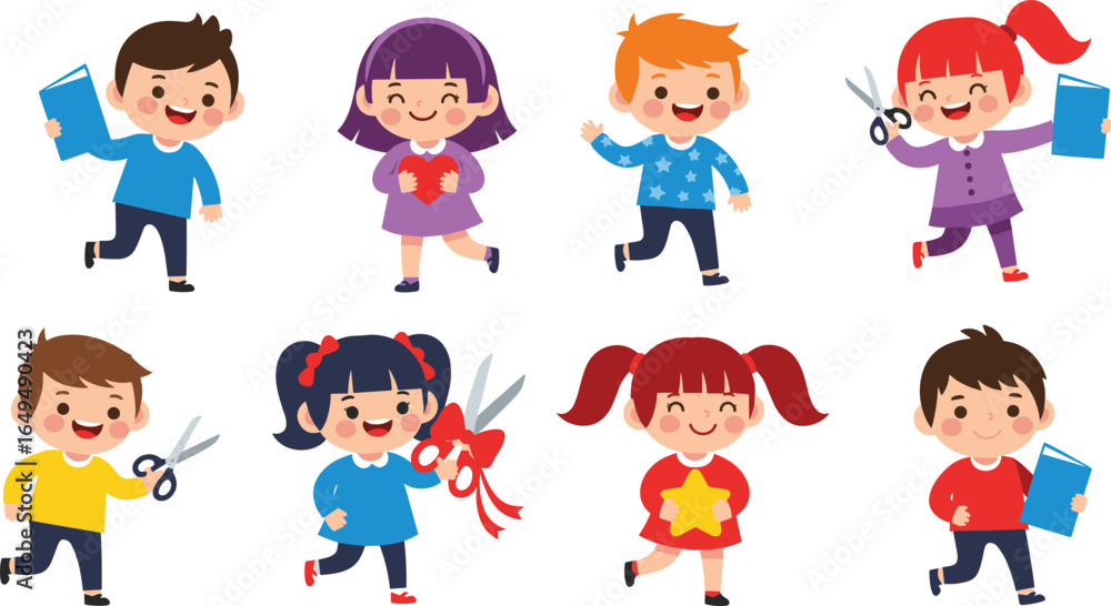 Cheerful cartoon children running, crafting, and holding colorful objects in playful teamwork scenes for educational, creative, and positive vector projects Cheerful cartoon children running, crafting, and holding colorful objects in playful teamwork scenes for educational, creative, and positive vector projects