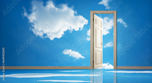 A surreal image featuring an open door leading to a vast blue sky with fluffy clouds reflected on a shimmering floor. Perfect for themes of new beginnings infinite possibilities and imaginative journe