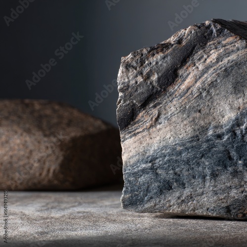 Close-up of two rough stone blocks.  One light gray/brown, the other dark gray/brown, with textured surfaces and visible strata.  Muted lighting