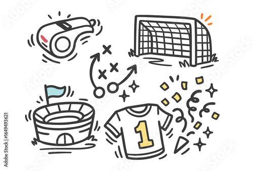 Soccer elements: whistle, goal, strategy, stadium, jersey, yellow cards