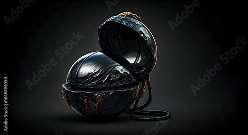 A sleek futuristic dark spherical object opens revealing a mysterious textured interior suggesting advanced storage or a unique art piece Ideal for sci-fi themes or modern design concepts